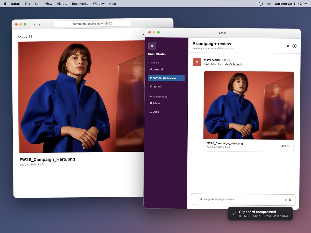 A 9 MB PNG copied from a browser and pasted into Slack, arriving as 412 KB — a notification confirms the clipboard image was compressed, saving 95%.