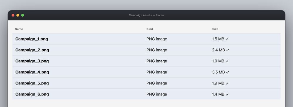 A Finder window of PNG campaign assets where the Size column drops file by file after running the Smol Quick Action on the selection.