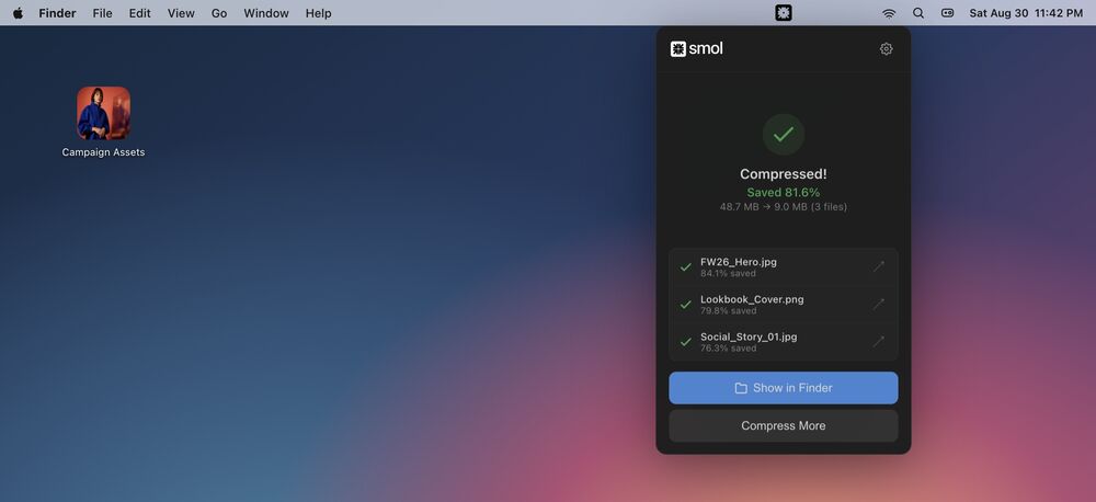 Smol's macOS menu bar dropdown reporting three files compressed and 81.6% saved, 48.7 MB down to 9.0 MB, with per-file savings and a Show in Finder button.