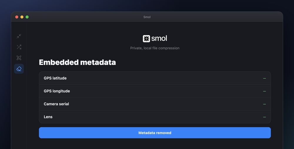 Smol's embedded metadata panel showing GPS latitude, GPS longitude, camera serial and lens fields collapsing to dashes after metadata is removed.