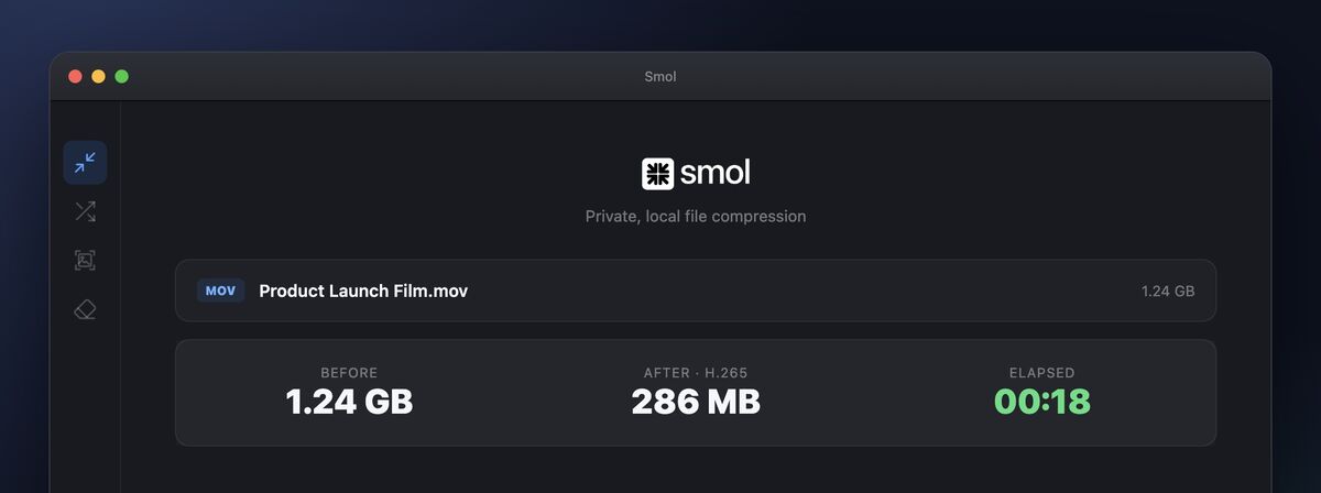 Smol compressing Product Launch Film.mov with H.265: 1.24 GB before, 286 MB after, 18 seconds elapsed.