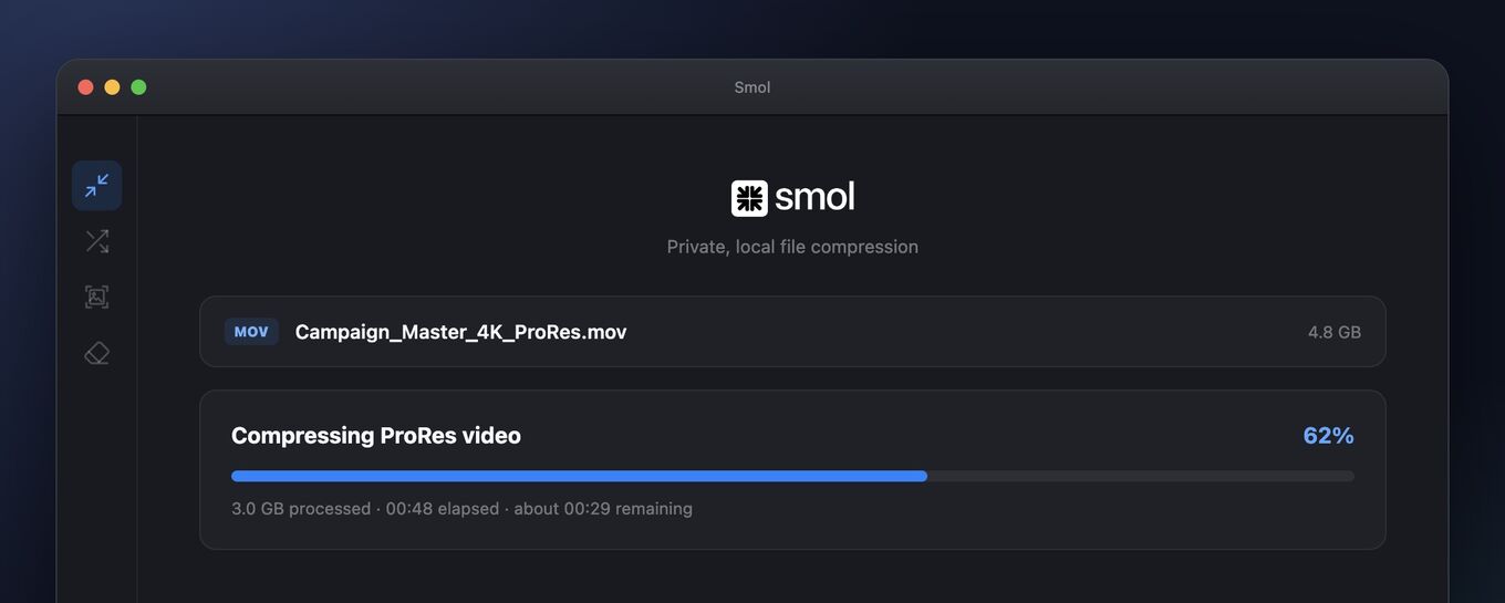 Smol compressing a 4.8 GB file named Campaign_Master_4K_ProRes.mov, 62% complete with 3.0 GB processed and roughly 29 seconds remaining.