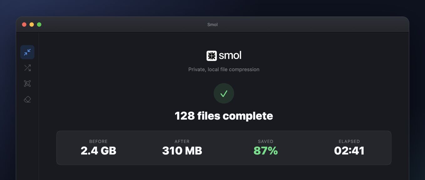 Smol's completion screen reading 128 files complete: 2.4 GB before, 310 MB after, 87% saved, 2 minutes 41 seconds elapsed.