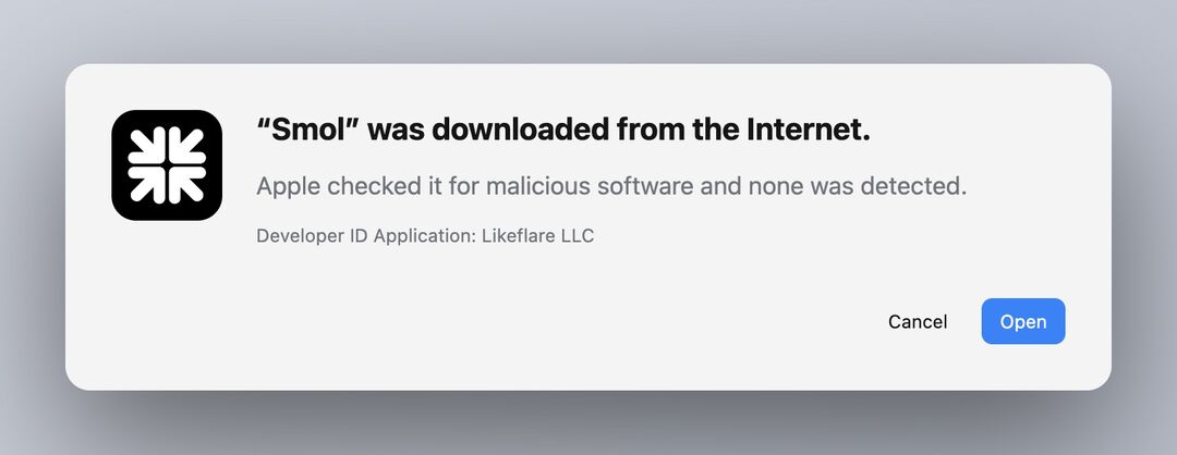 The macOS Gatekeeper dialog for Smol, reading that Apple checked it for malicious software and none was detected, signed by Developer ID Application Likeflare LLC.